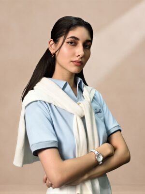 Women's sky blue piqué polo, front view