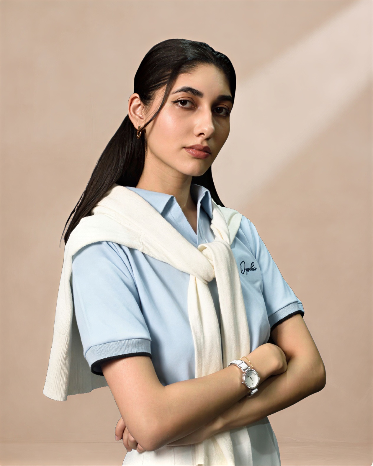 Women's sky blue piqué polo, front view