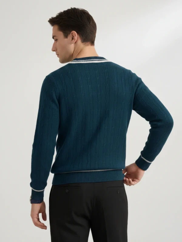 Back view of men's teal cable knit sweater with cream tipping.webp