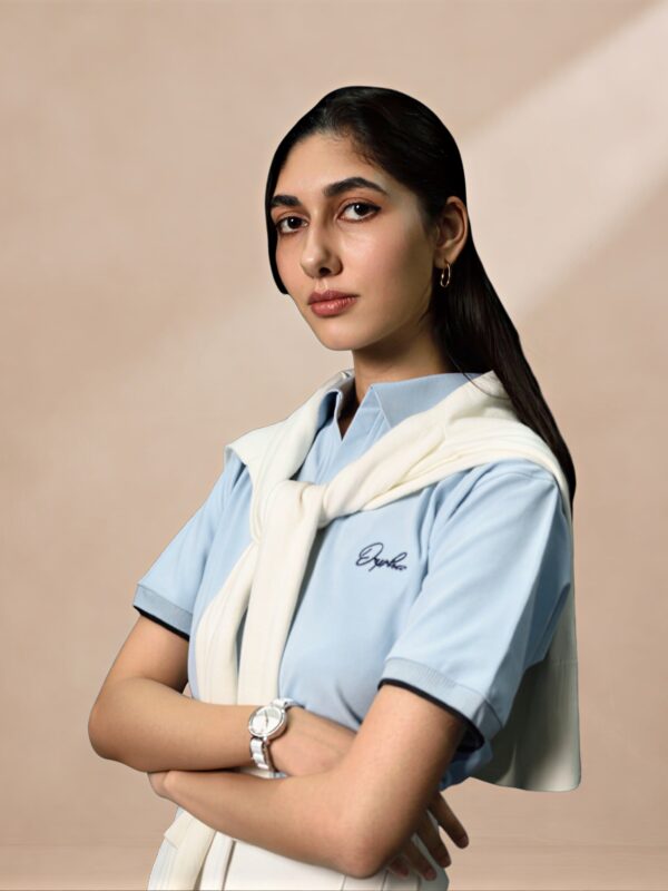 2 Women's sky blue piqué polo, angled view