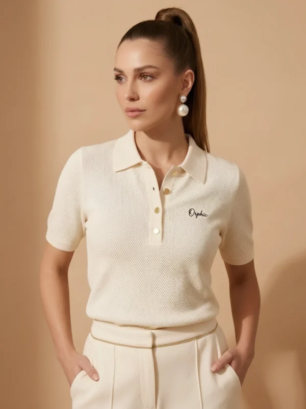 Women's ivory knit polo with gold-button placket and collar, front view.webp