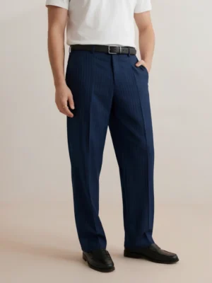 Men's navy pinstripe trousers in tailored fit, front view on model.webp