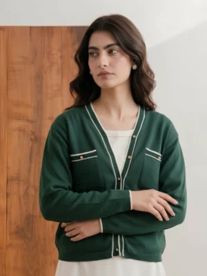 Women's green cardigan front view with ivory tipping and gold buttons.webp