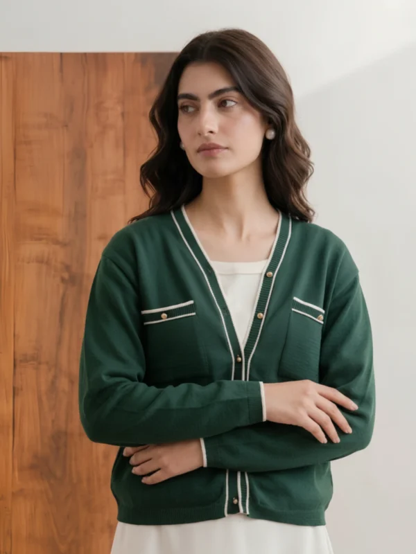 Women's green cardigan front view with ivory tipping and gold buttons.webp