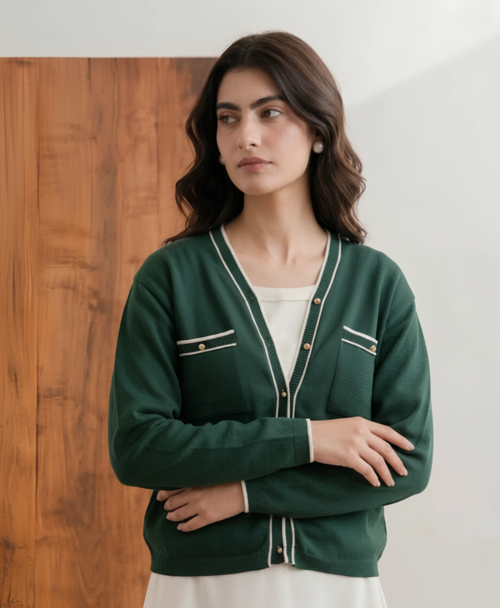 Women's green cardigan front view with ivory tipping and gold buttons.webp