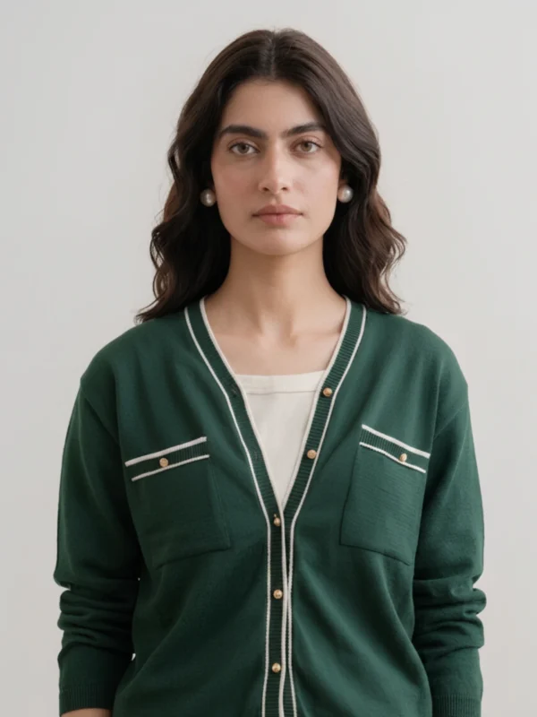 Women's green tipped cardigan chest pocket and gold button detail.webp