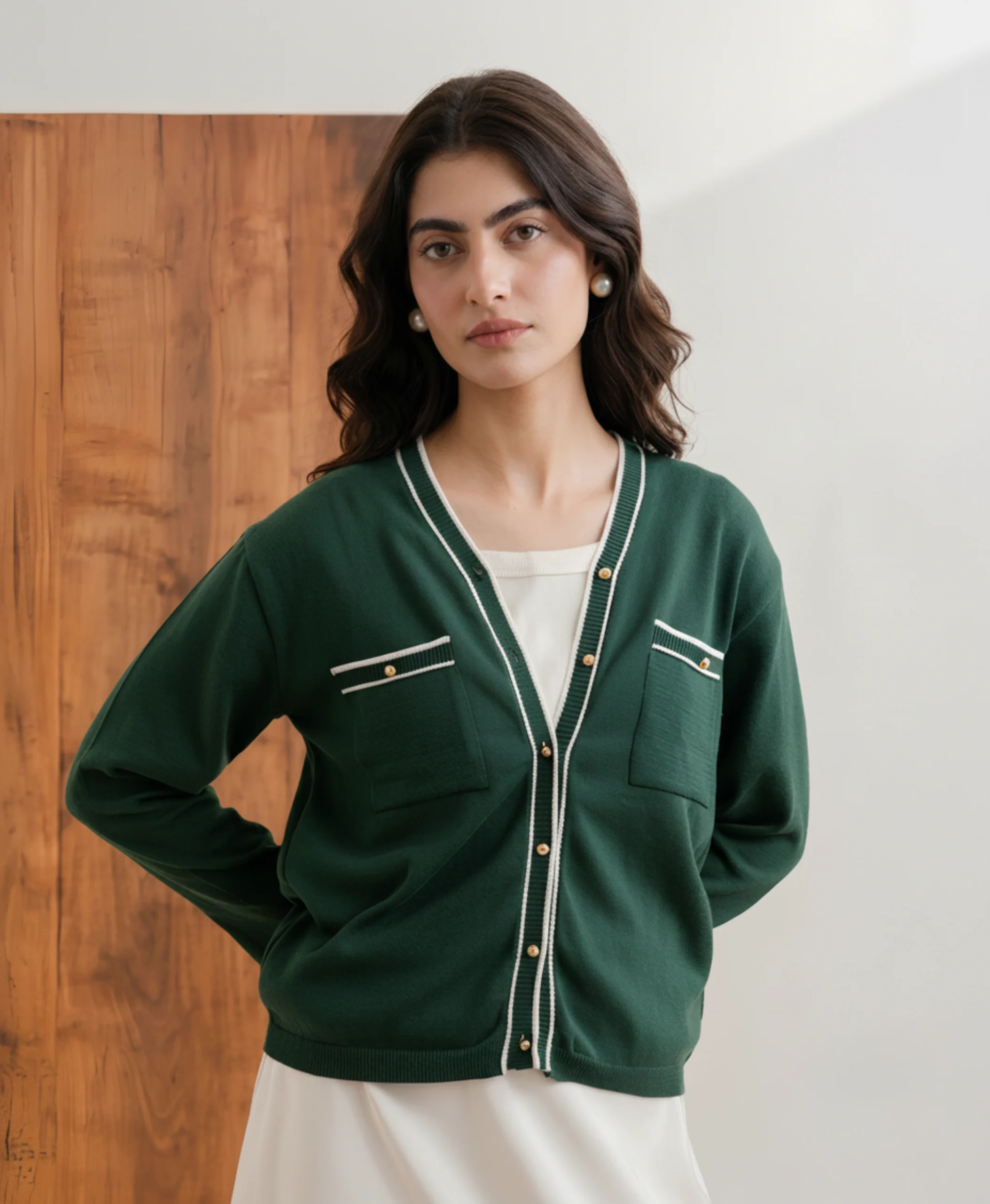 Model wearing Orphic women's green tipped cardigan, angled view.webp