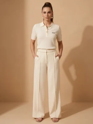 Woman wearing Orphic ivory knit polo with gold buttons, front view.wwebp