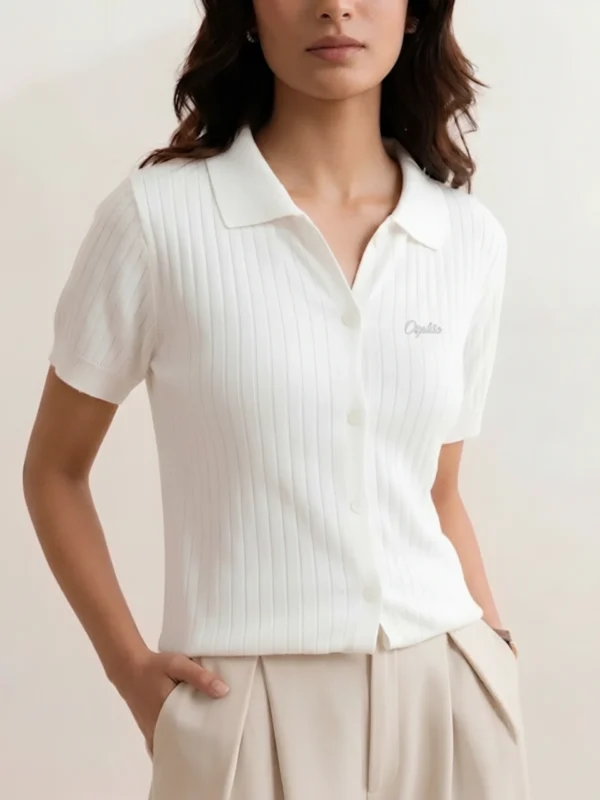 Women's white ribbed knit polo collar and button placket detail.webp