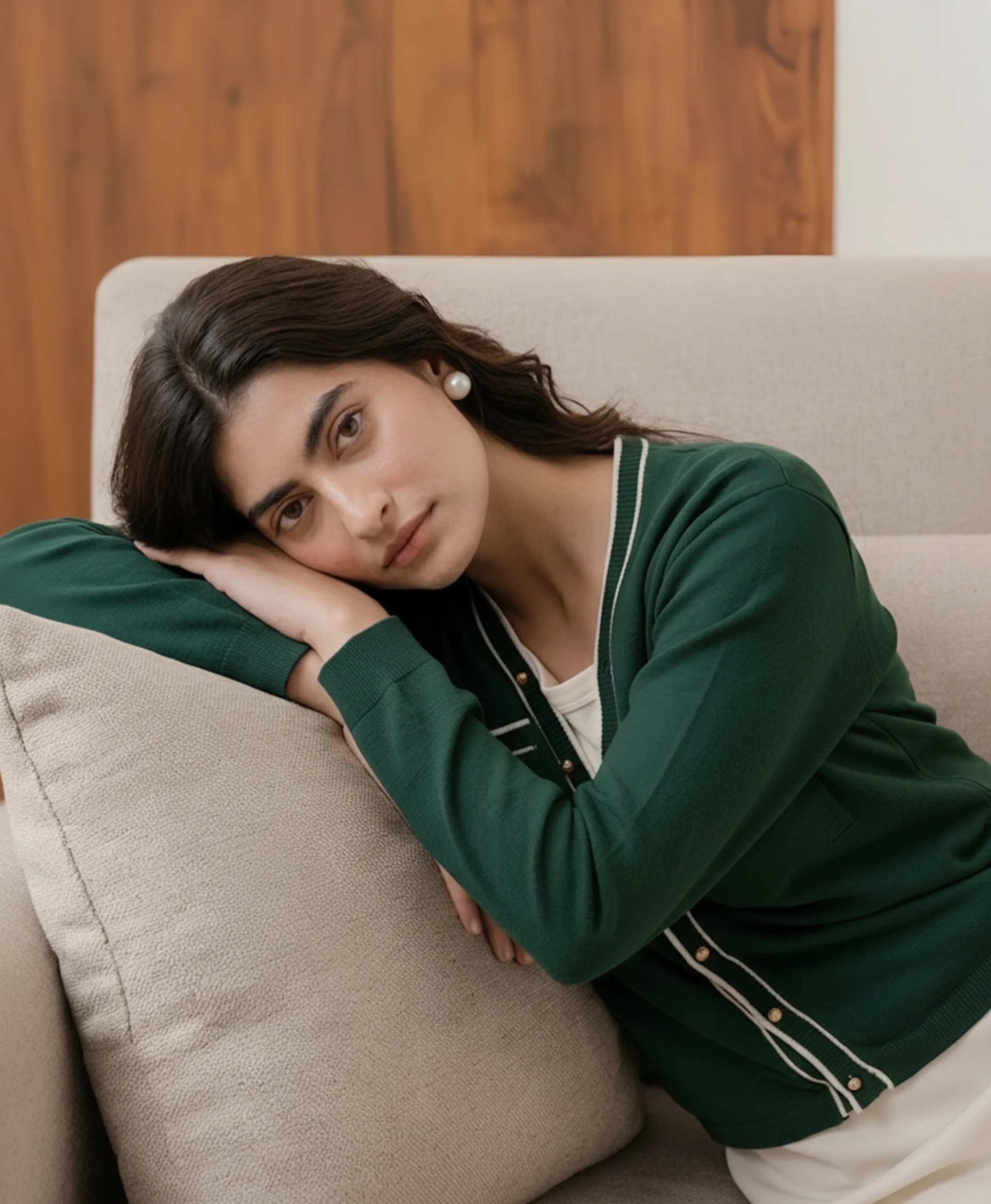 Model seated in Orphic women's green tipped cardigan