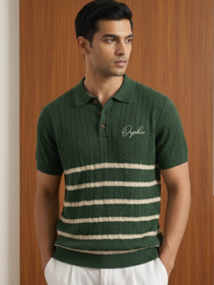 Model wearing Orphic men's forest green striped cable-knit polo, front view with white trousers