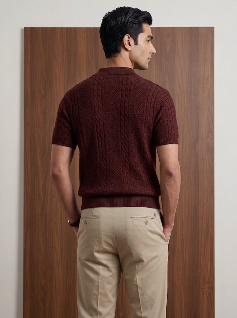 Back view of Orphic men's maroon cable-knit polo showing textured knit