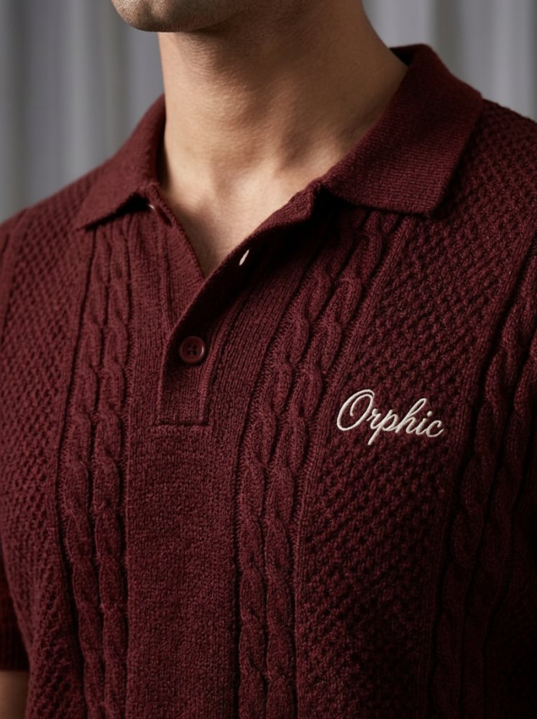 Close-up of Orphic men's maroon cable-knit polo with cream chest embroidery