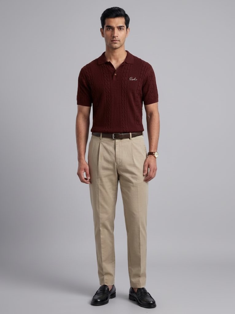 Model wearing Orphic men's maroon cable-knit polo with open collar, front view with tan trousers