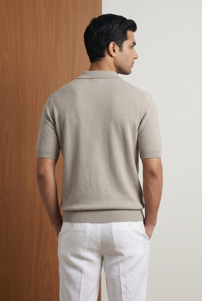 Back view of Orphic men's oatmeal knit quarter-zip polo, worn by model with white trousers