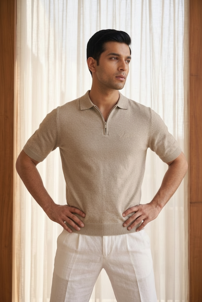 Orphic men's oatmeal knit zip polo with tonal chest embroidery, front view on model