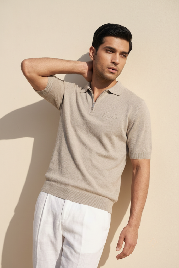 Orphic men's oatmeal knit quarter-zip polo, editorial front view showing ribbed collar