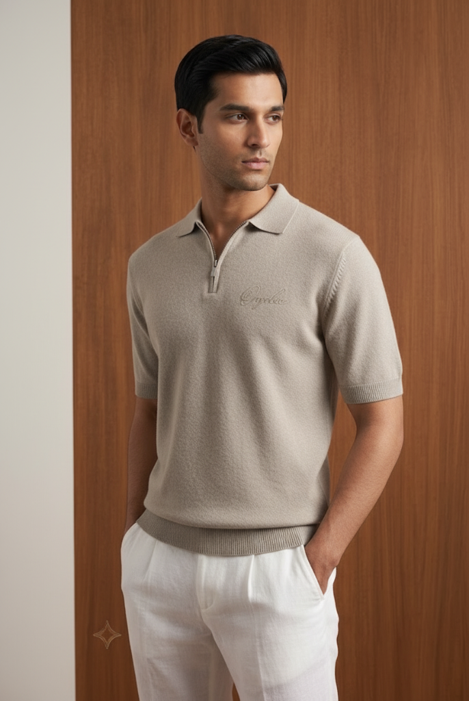 Orphic men's oatmeal knit zip polo styled with white linen trousers, three-quarter view