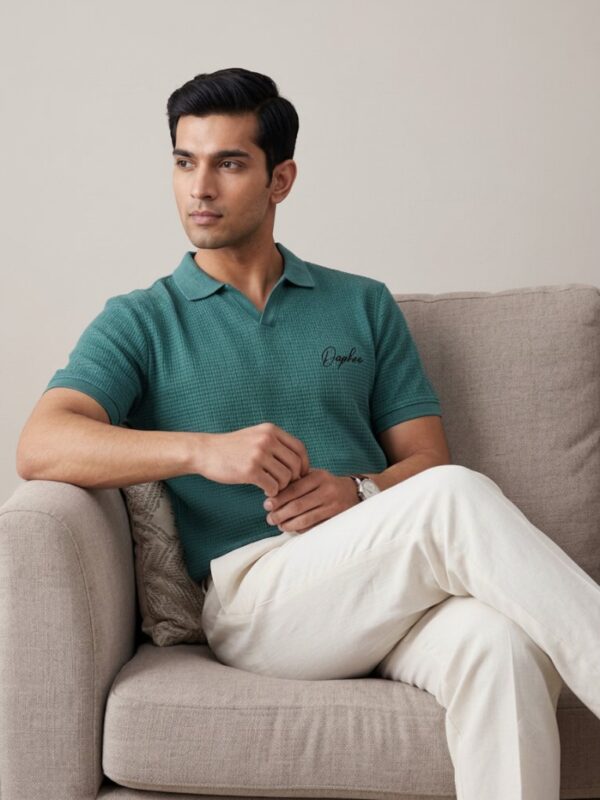 Orphic men's teal waffle-knit polo shown on seated model, front view
