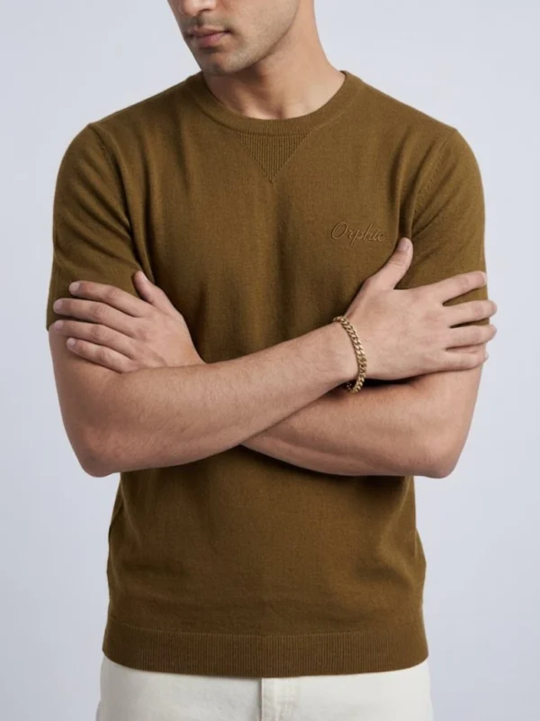 Men's olive knit t-shirt showing neck gusset and chest embroidery