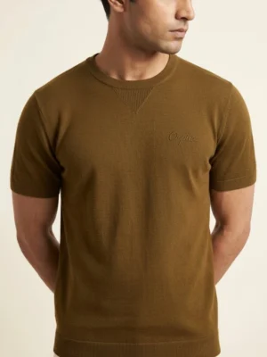 Men's olive knit t-shirt with ribbed crew neck, front view