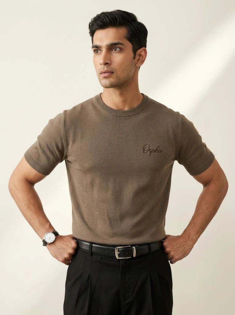 Men's taupe knit t-shirt with chest embroidery, front view