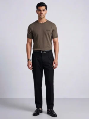 Men's taupe knit t-shirt with ribbed crew neck, front view