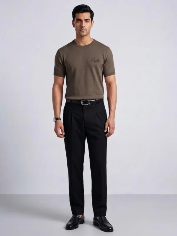 Men's taupe knit t-shirt with ribbed crew neck, front view