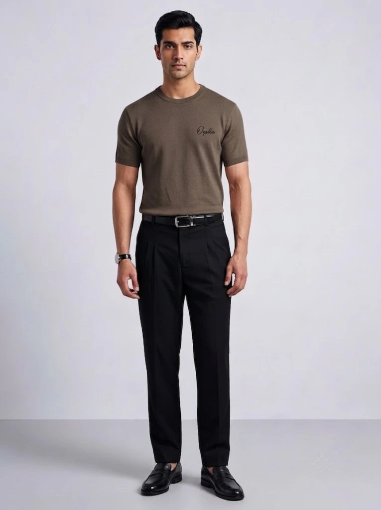Men's taupe knit t-shirt with ribbed crew neck, front view