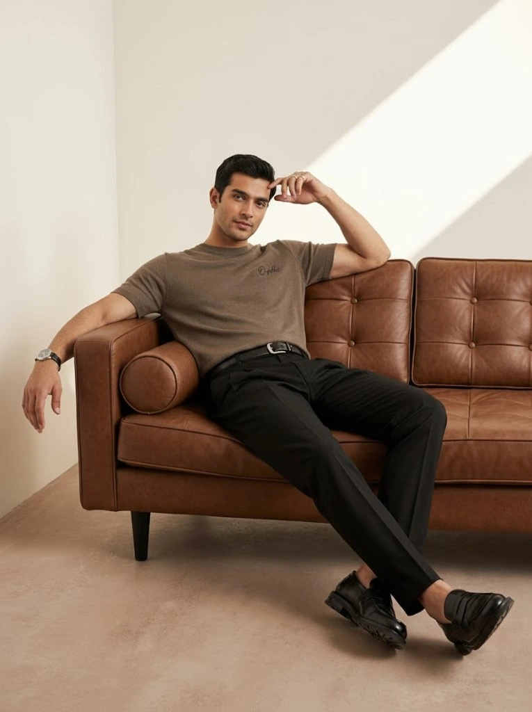 Man in Orphic taupe knit t-shirt seated, relaxed lifestyle view