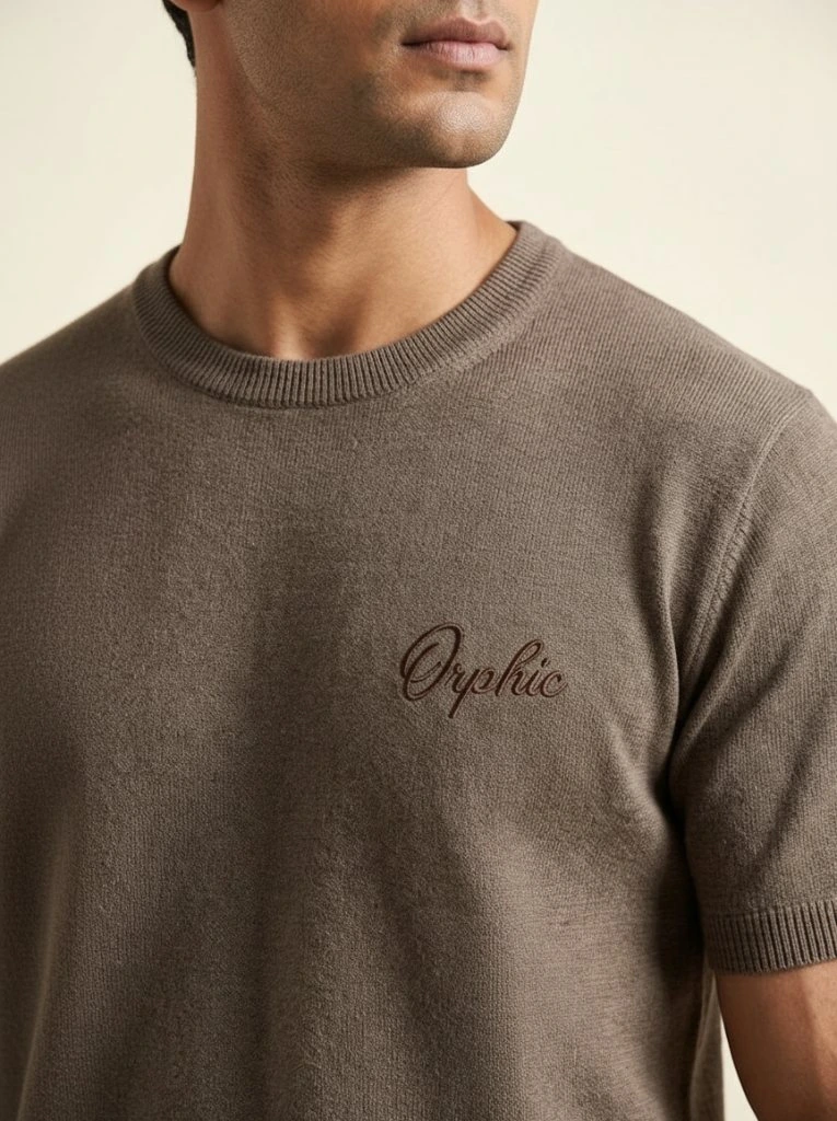 Close-up of men's taupe knit t-shirt showing fine cotton knit and ribbed neck
