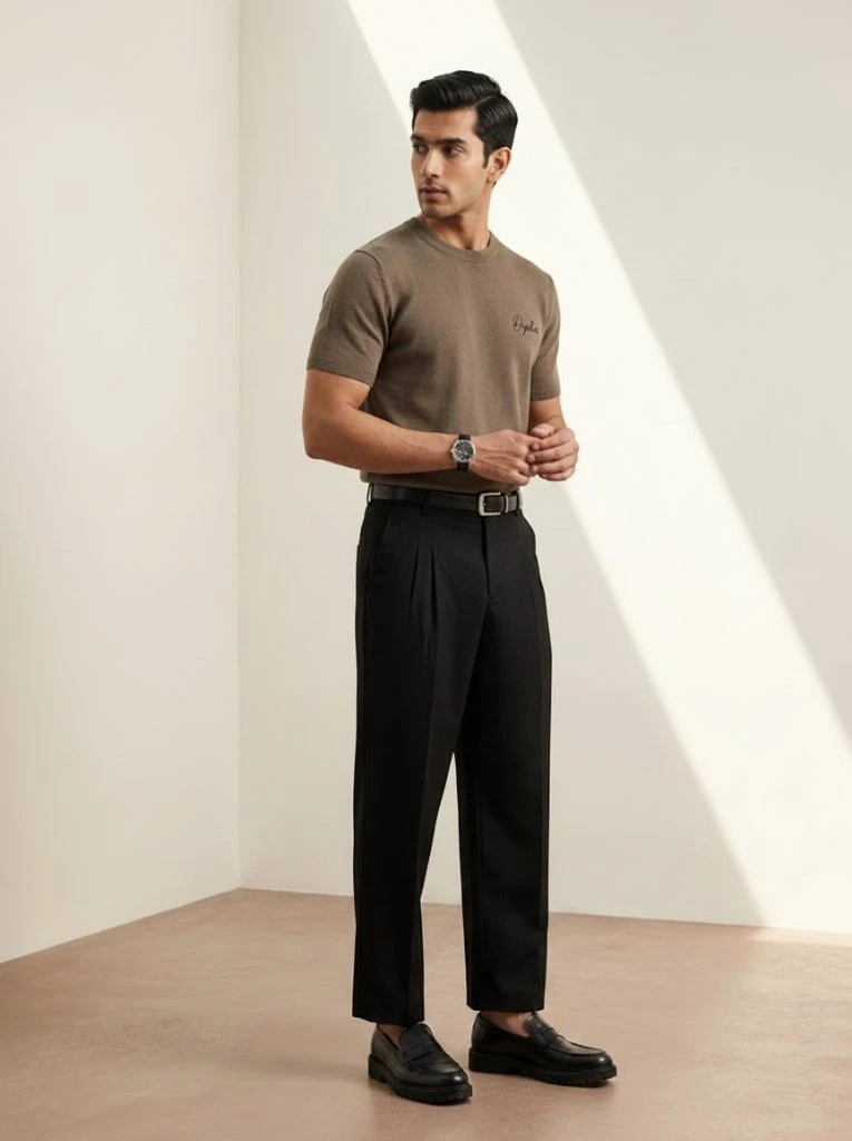 Men's taupe knit t-shirt styled with black trousers, full-length view