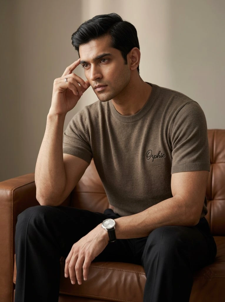 Men's taupe knit t-shirt shown on model, editorial portrait