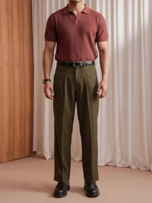 Men's olive pleated trousers in tailored fit, front view on model   