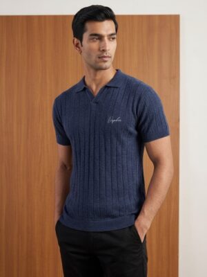 Men's indigo ribbed polo with open collar, three-quarter view