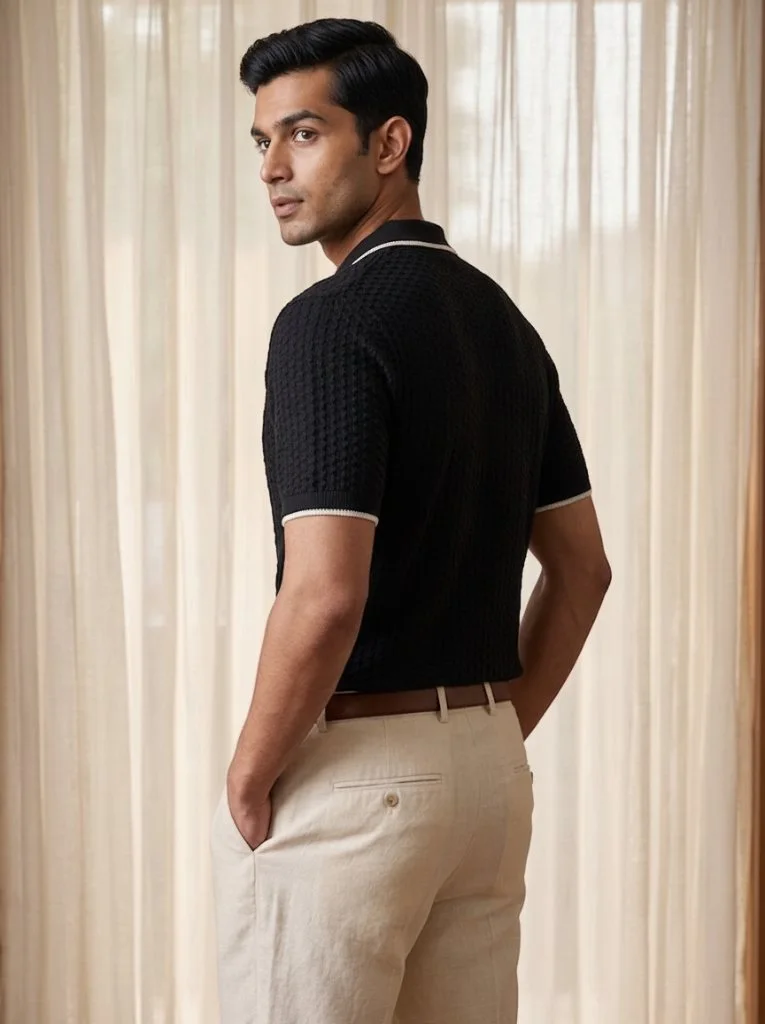 Men's black knit polo in basketweave knit, over-the-shoulder view