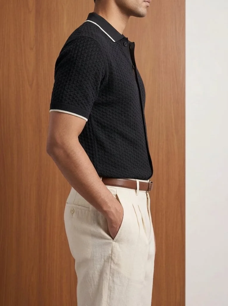 Side view of men's black knit polo with cream-tipped cuffs