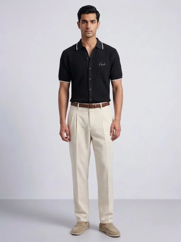 Men's black knit polo with cream-tipped collar, front view