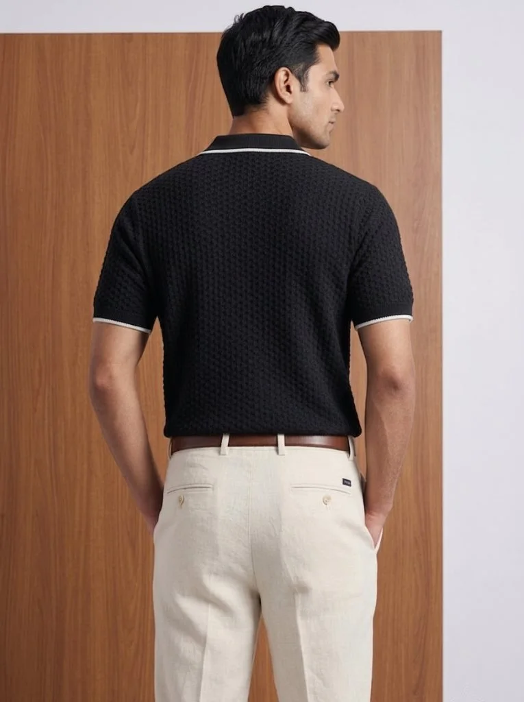Back view of men's black knit polo showing basketweave texture