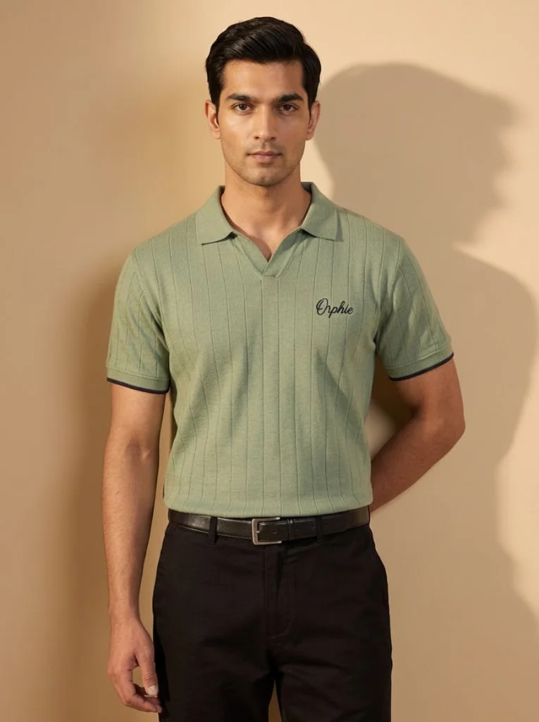 Men's sage green ribbed polo with chest embroidery, front view