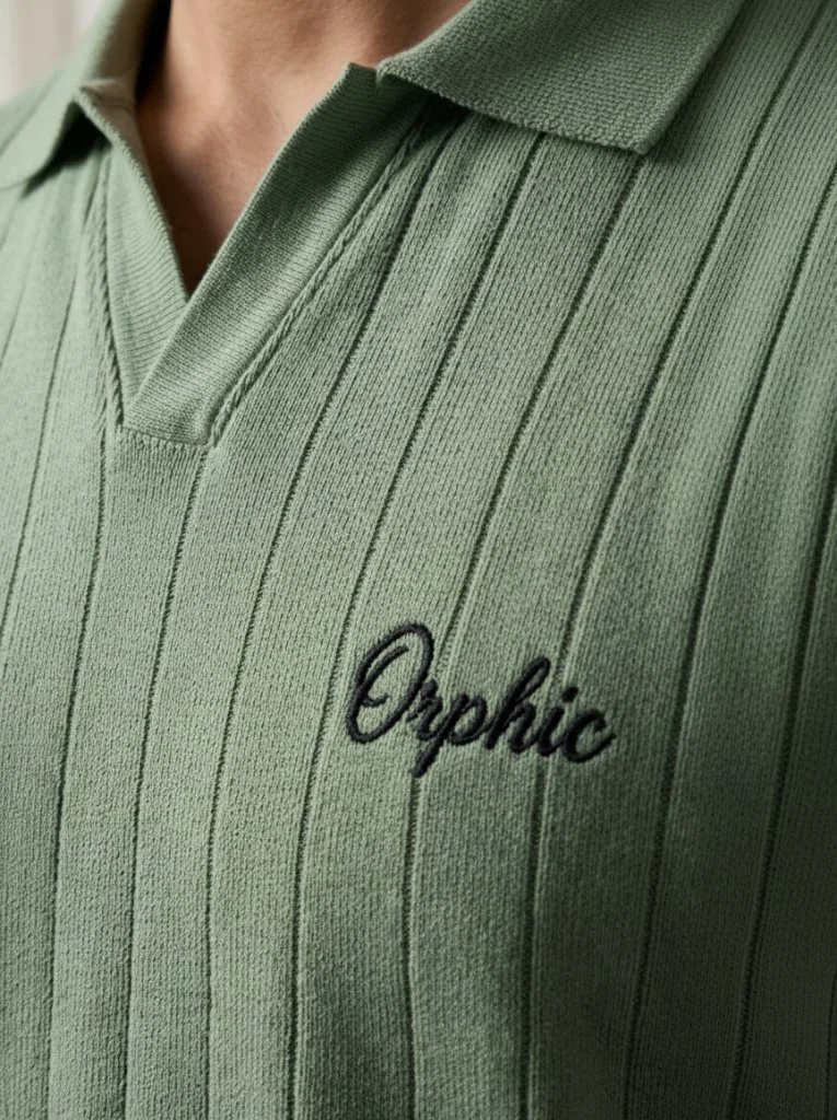 Close-up of men's sage green ribbed polo showing vertical rib knit