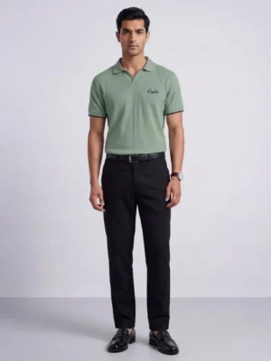 Men's sage green ribbed polo with open collar, front view