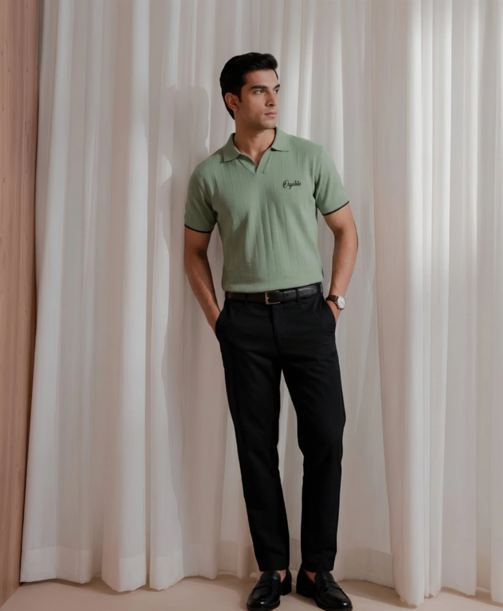 Men's sage green ribbed polo styled with black trousers, full-length view