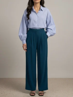 Women's teal wide-leg trousers front view, high waist with striped shirt