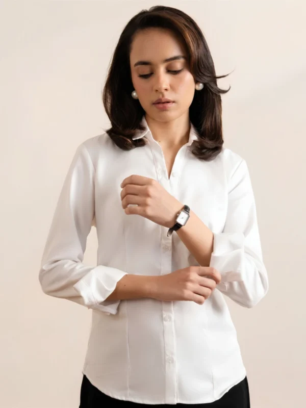 Women's white shirt barrel cuff and placket detail